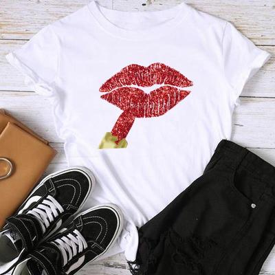 (Asian Size) Fashion Lip Make Trend Cute Sweet Print Graphic Tee Female Casual T Clothing Casual Women's Top Short Sleeve T-shirt