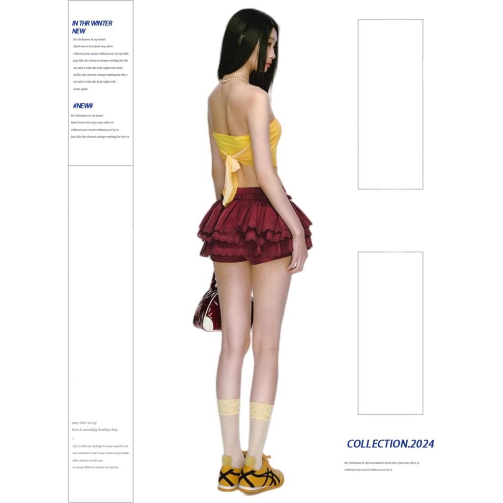 Ballet Girl-style Burgundy Cake Skirt Lace Spliced Half-body New Puffy Miniskirt Pants