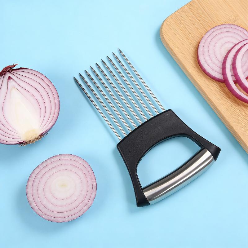 Stainless Steel Onion Cutter Holder Food Slicers Assistant Tomato Onion Slicer Holder Vegetables Cutting Fork Kitchen Gadgets