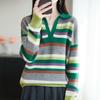 Women's Retro Striped Cashmere Wool Polo Sweater - Soft Long Sleeve Knitwear