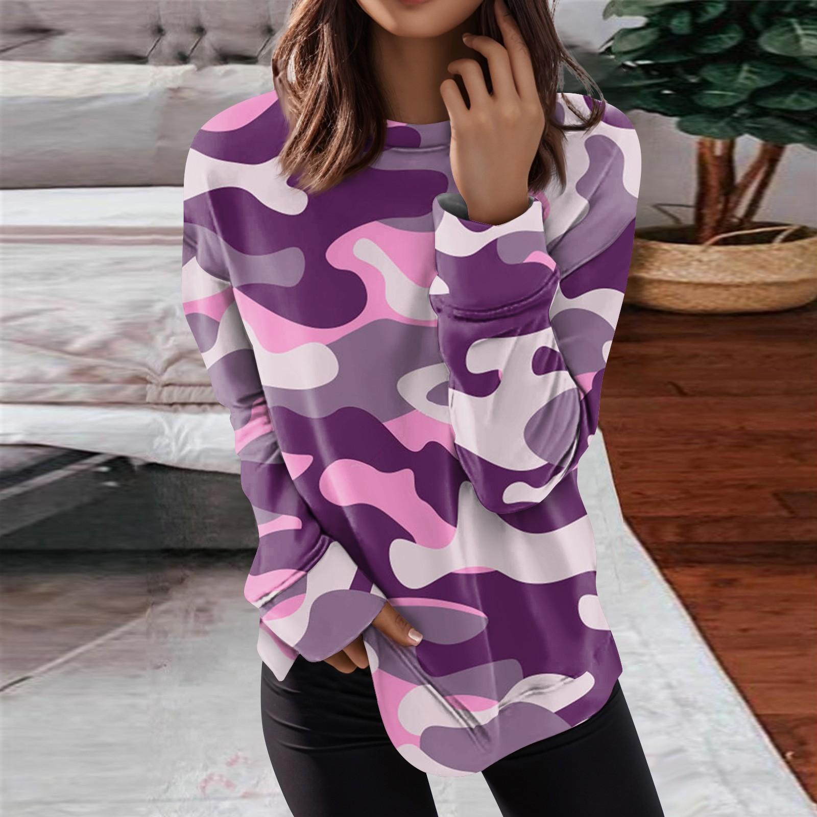 

Женские топы с круглым вырезом, хлопковая женская повседневная модная блузка с длинным рукавом и круглым вырезом с цветочным принтом, пуловер XL фиолетовый