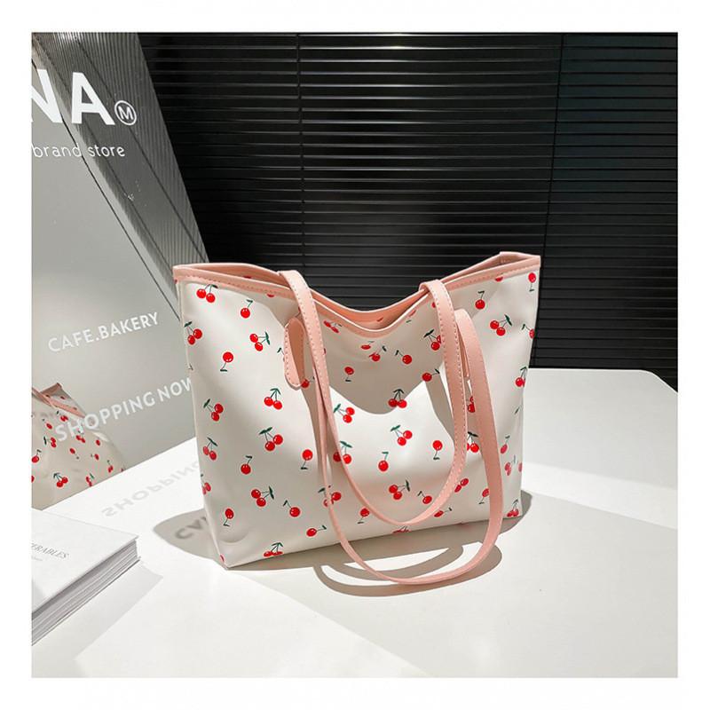 Large Capacity Pu Bag For Women With Bow Cherry Print Design