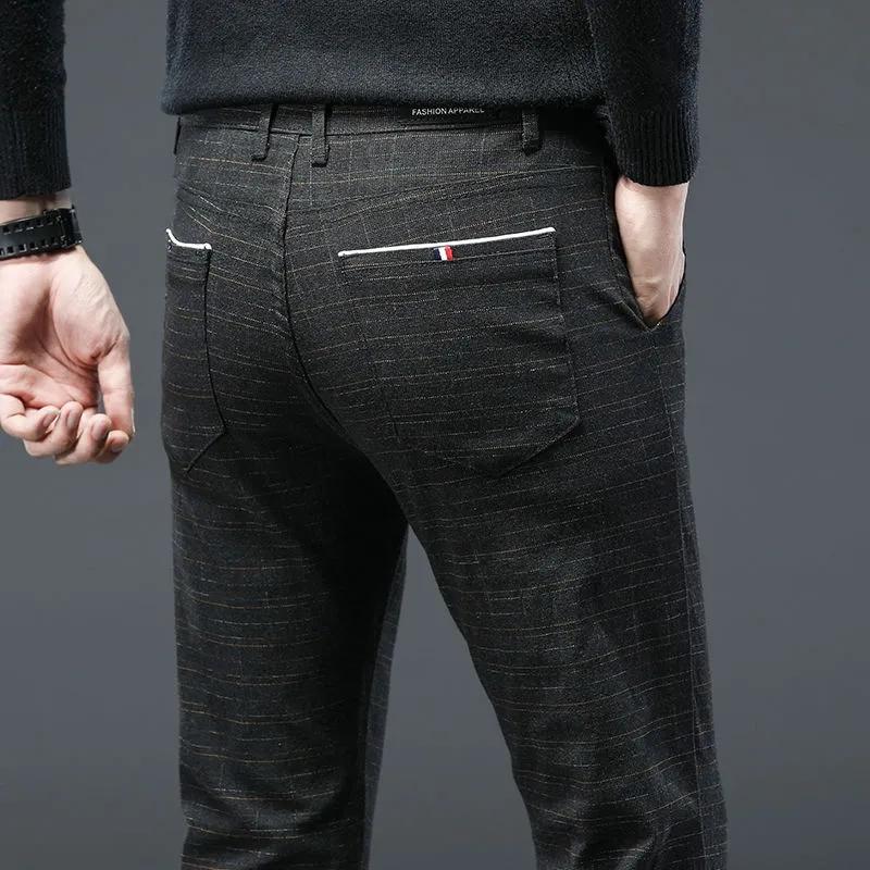 Pánské ležérní bavlněné plátěné kalhoty business kostkované kalhoty rovné tenké dlouhé kalhoty kancelářské kalhoty na jaro a podzim