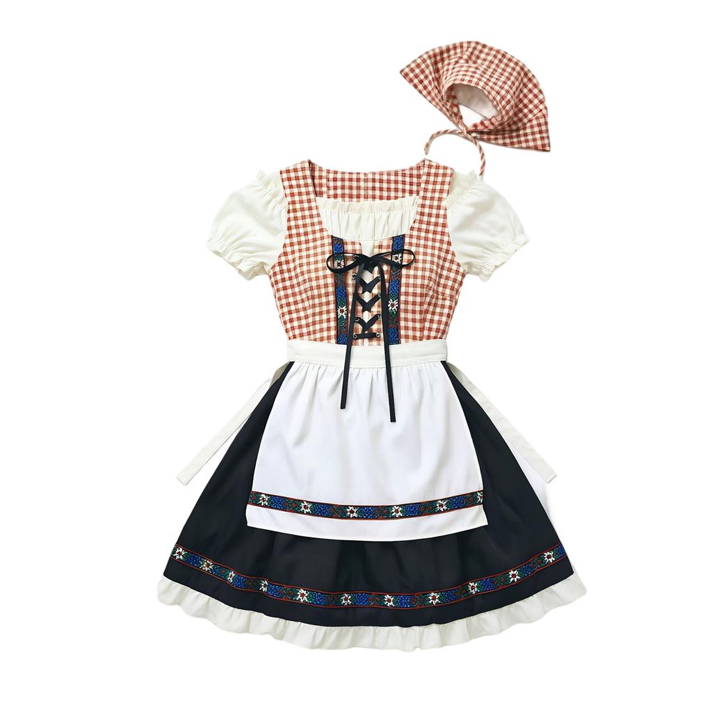 Traditional Bavarian Dirndl Dress for Women Oktoberfest Costume with Lace-Up Bodice Apron and Headscarf German Beer Festival Outfit