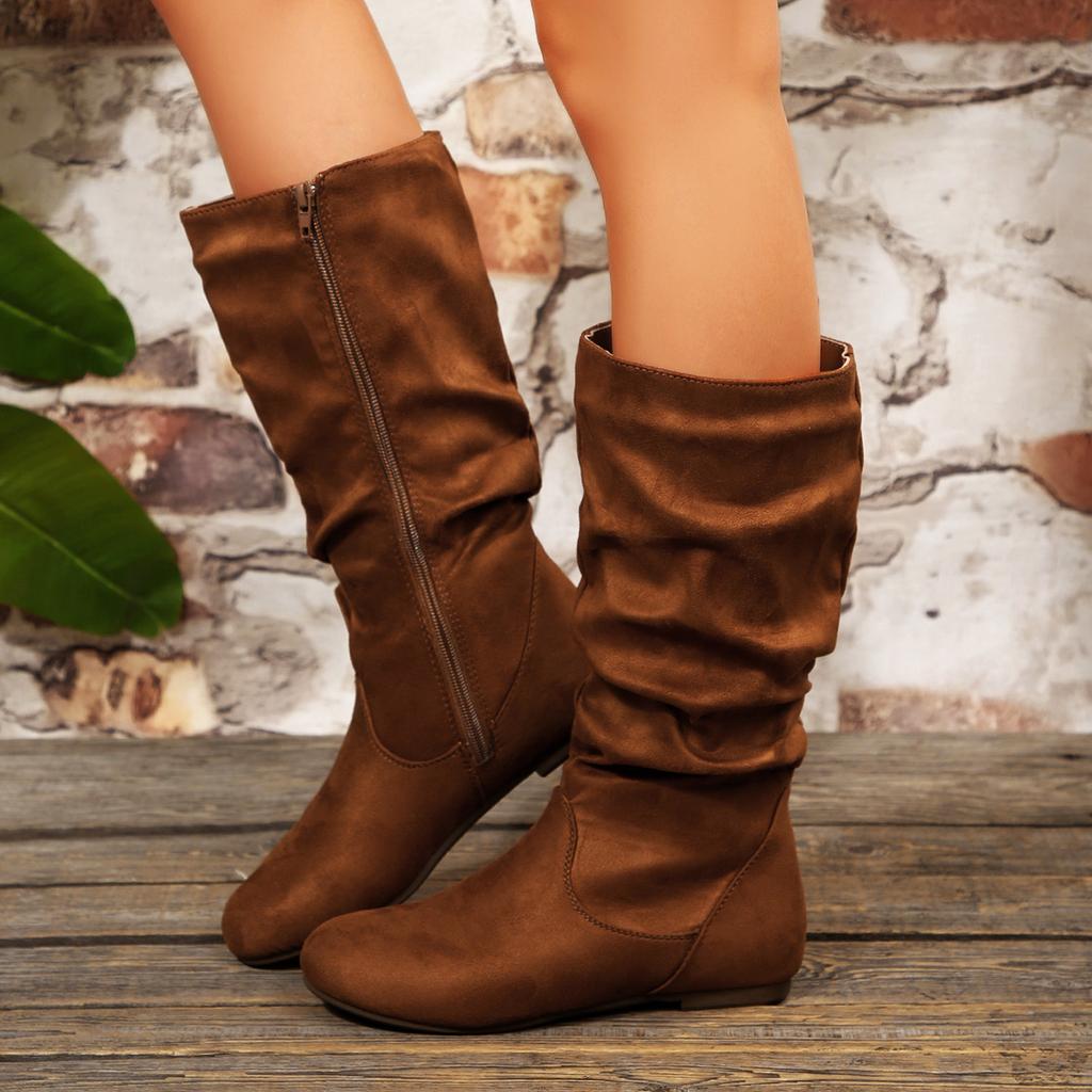 Women Fashion Mid-Calf Boots Round Toe Mid Tube Knee High Boots Side Zipper Comfortable Shoes Casual Flat Bottom Shoes Women