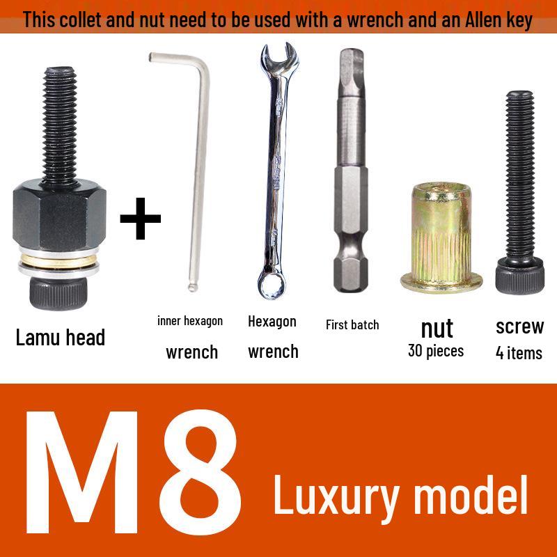 Multi-Purpose Electric Rivet Tool with Manual Wrench and Nut Head Attachment