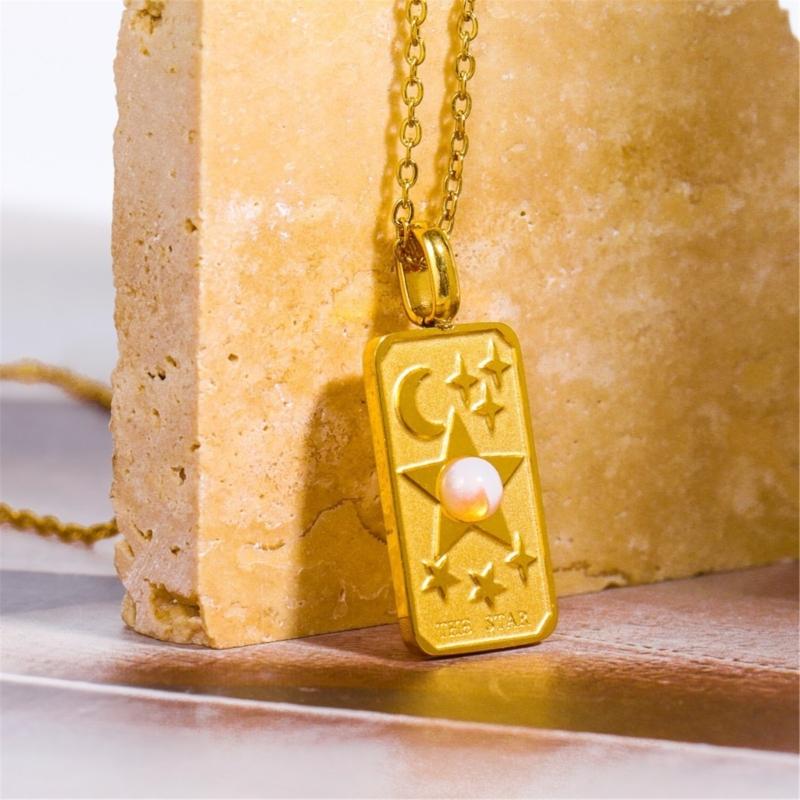 Stylish Gold Square Sun Moon Star World Pendant Necklace Accessory Eye Catching Clavicular Chain for Gathering Parties