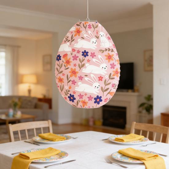 Easter Egg Paper Lantern Bunny Chick Flower Pattern Egg Shaped Hanging Lantern for Easter Party Home Decor