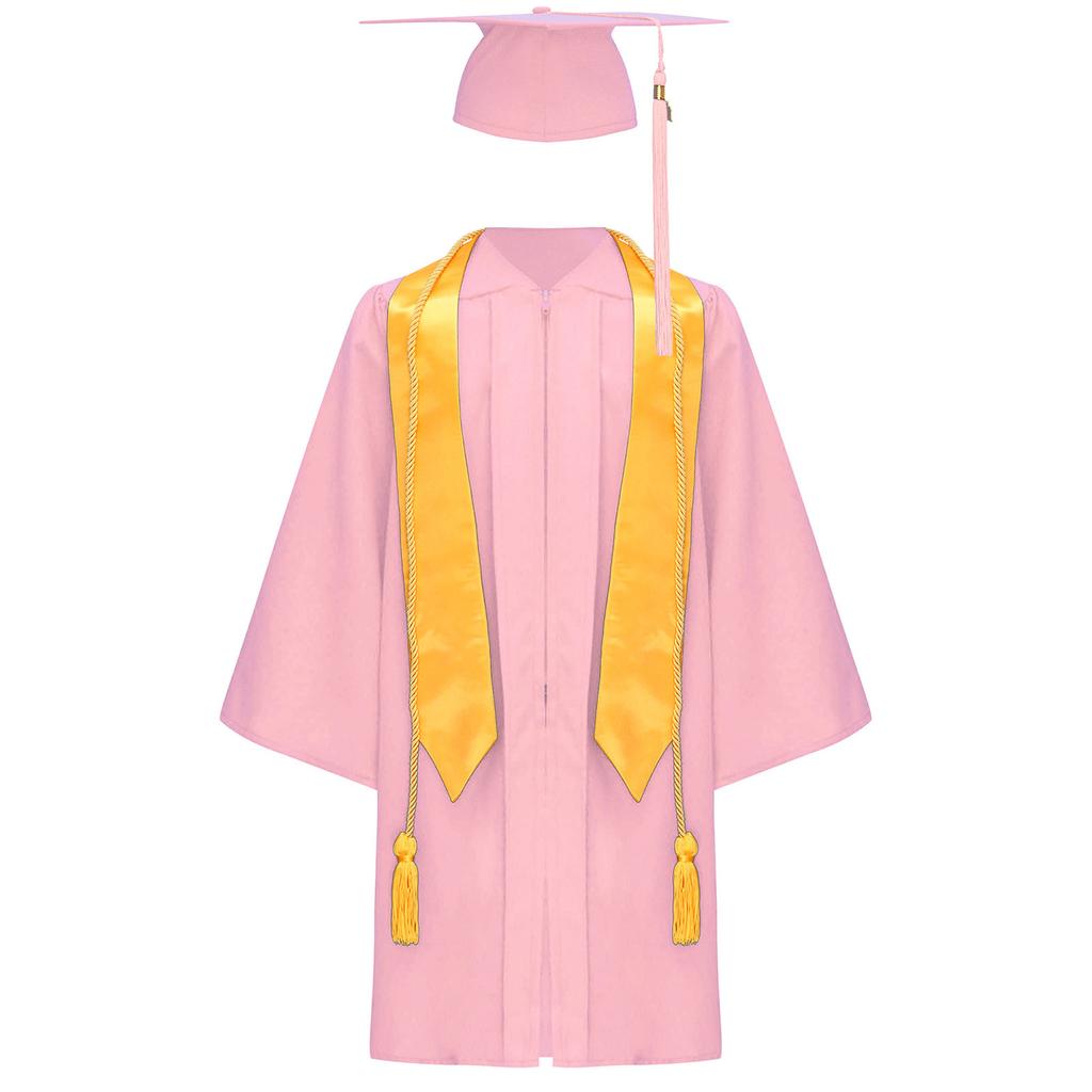 Unisex Kids Graduation Gown Set V Neck Long Sleeve Front Zipper Robe Academic Hat Stole Tassel Ceremony Outfit