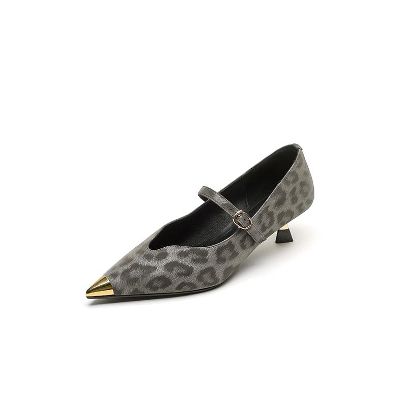 

Fashion New Summer Split Leather Women Pumps Shoes for Women Fashion Leopard Print Metal Pointed Toe Mary Jane Shoes Women Ladies Shoes 34 серый