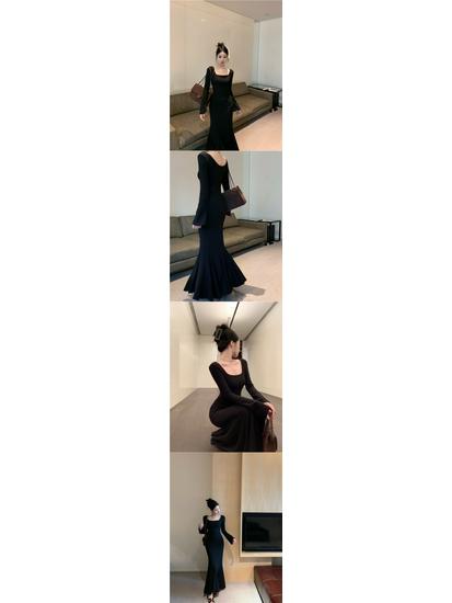 Atmospheric Korean-Style 2025 Black Fishtail Dress for Women