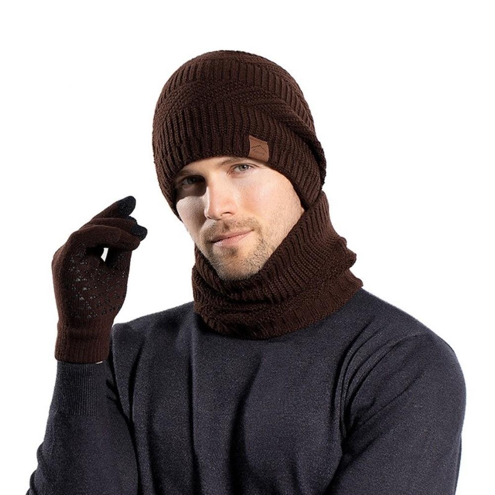 3pcs Warm Hat Scarf Gloves Set Solid Color Winter Beanie Hat Hiking Thermal Knit Cap  Cold Weather