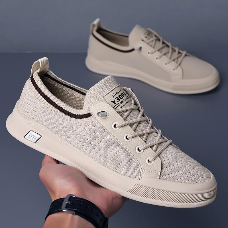 Men's sports and leisure leather shoes summer breathable fly-woven mesh trend fashion lazy shoes
