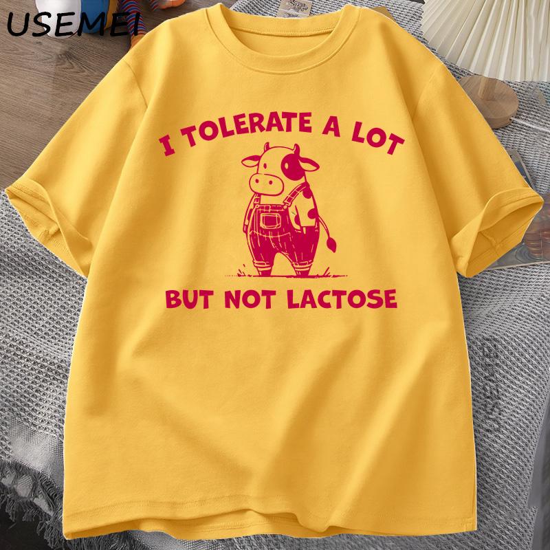 I Tolerate A Lot But Not Lactose Funny TShirt Cute Cow Meme Tee Shirt Vintage Y2K Humor T Shirt Cotton Short Sleeve Unisexs Tops