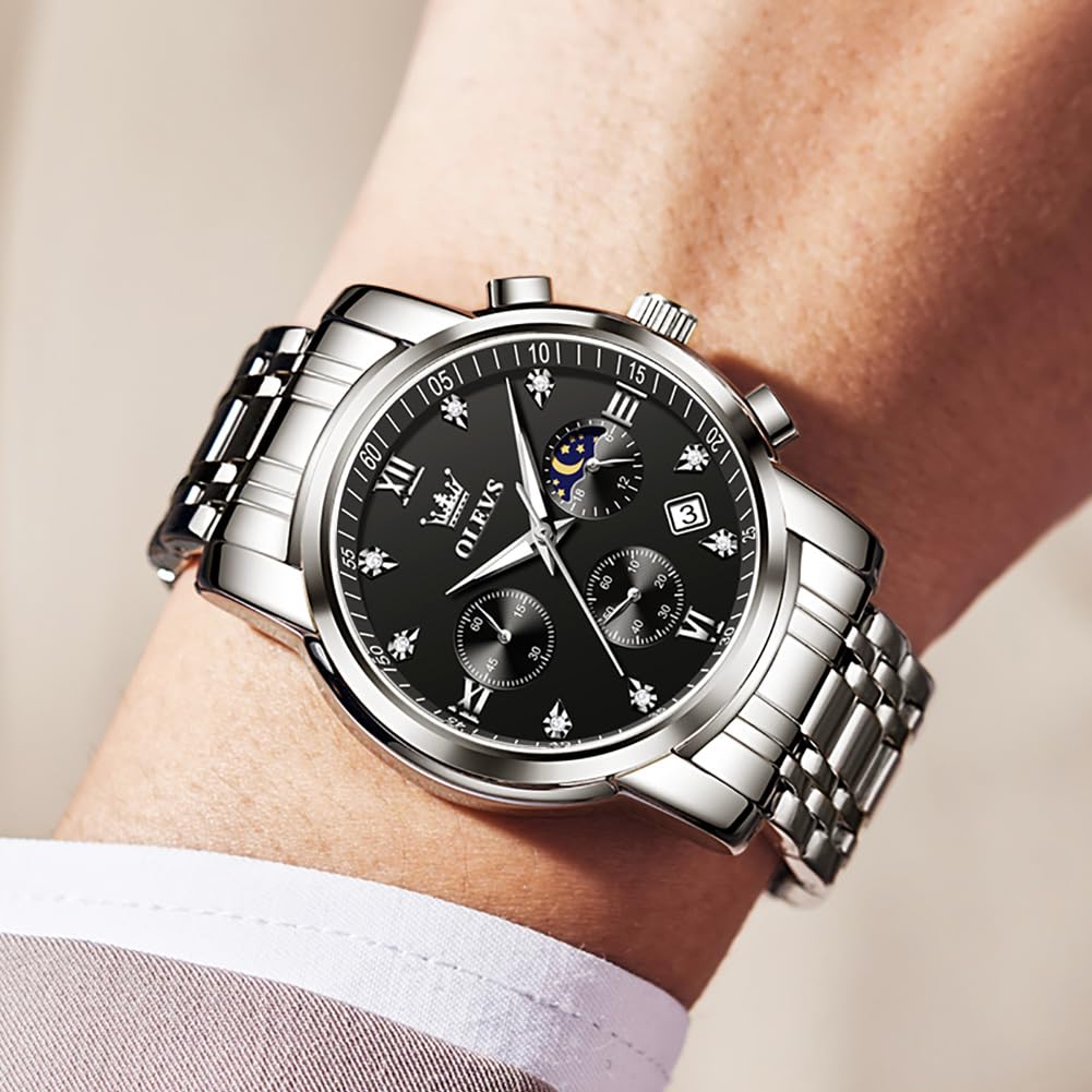 OLEVS Quartz Watch Moon Phase Waterproof Luminous Date Timer Stainless Steel Simple Fashion Watch for Men Men's (Black)