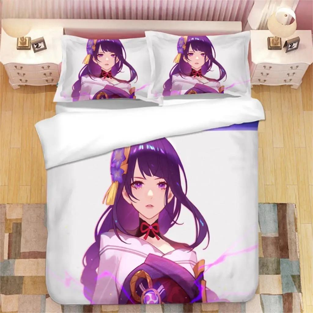 Genshin Impact Raiden Shogun 3D Printed Bedding Set Duvet Covers Pillowcases Comforter Bedding Set Bedclothes Duvet Cover