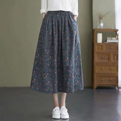 Frühlings- und Sommer-Maxirock für Damen aus Baumwoll-Leinen mit Blumendruck, elastischer hoher Bund, A-Linie, lässiger langer Rock
