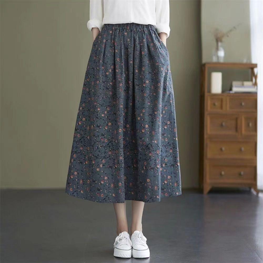 

Cotton and Linen Floral Skirt Women s Spring and Summer Large Size Loose Covering The Crotch, High Waist and Thin Mid-length A-line Skirt M серо голубой