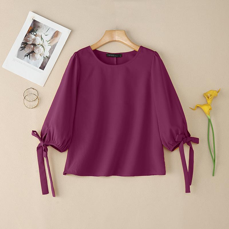 

ZANZEA Женская повседневная блузка с круглым вырезом, свободного кроя, со шнуровкой, с рукавом до локтя 4XL кларет