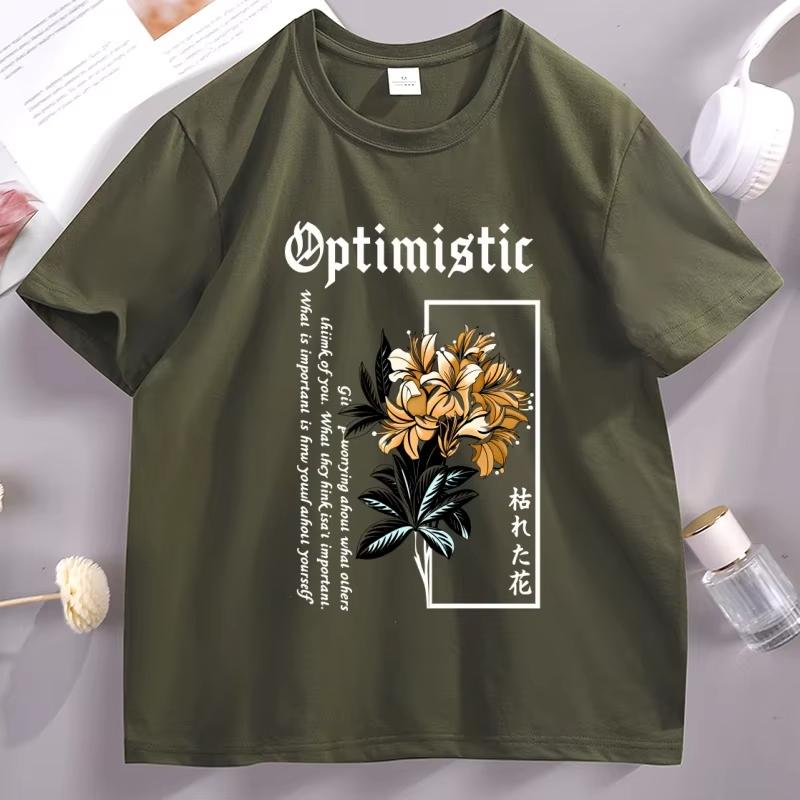 

Optimistic Strive To Pursue Floral Graphic T Shirts Casaul Cotton Short Sleeve Round Neck Tshirt Unisex Women Loose Streetwear 4XL