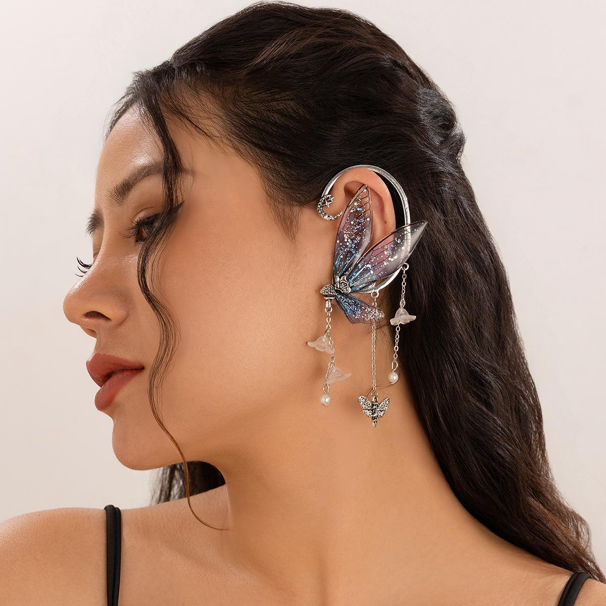 

Серьги-эльфы с кисточками в виде бабочки, с крючком для ушей и клипсой в виде крыла