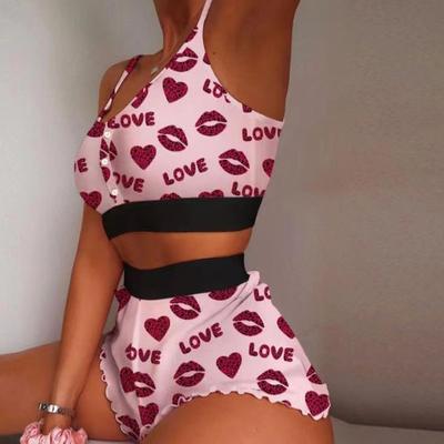 Pyjama Camisole en Soie Laitière Imprimé Mode Cool Fin Moulant Doux Grande Taille Lettre Lèvres Rouges Camisole Short