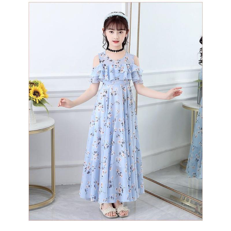 Kleines Mädchen Blumen Chiffon Prinzessin Langes Kleid Kinder Sommer Freizeitkleid
