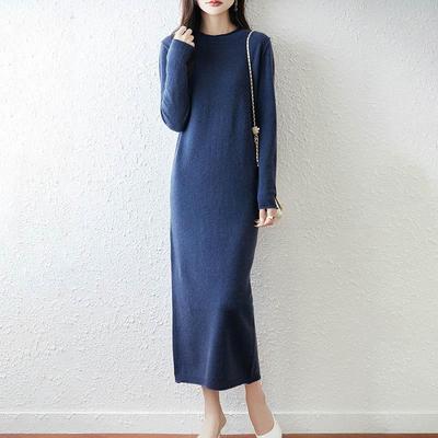 Women Sweater Dress 100% Wool O-neck Knit Long Pullover Winter Jumpers Wool Long Dress Female