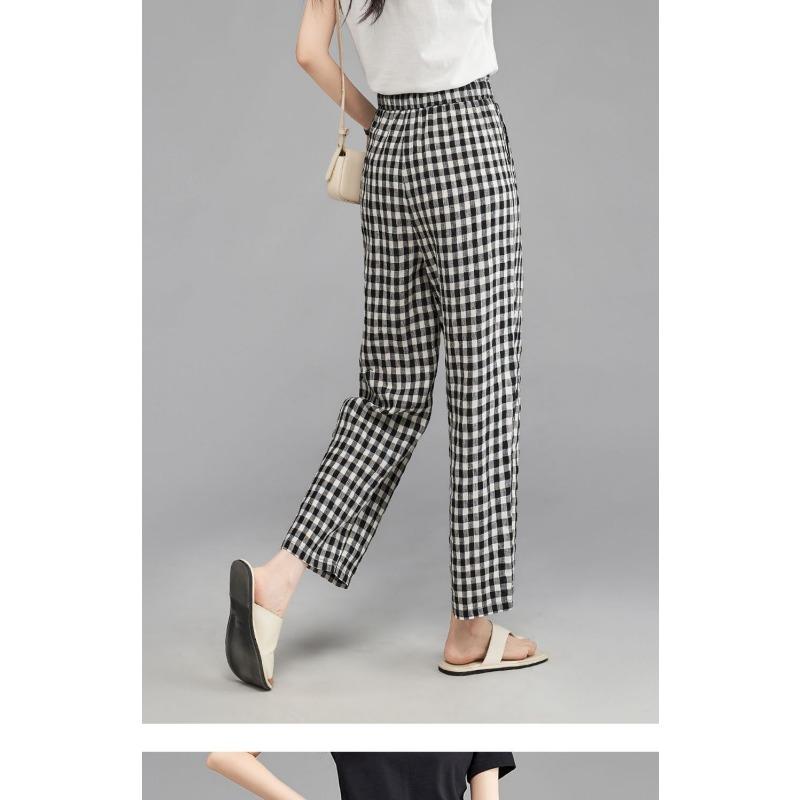 Damskie czarno-białe spodnie w kratkę vichy z szerokimi nogawkami, ze sznurkiem w pasie, codzienne spodnie