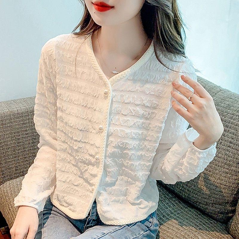 New Style Stitched V-neck Button Fashion Solid Color Versatile Casual Long-sleeved Top