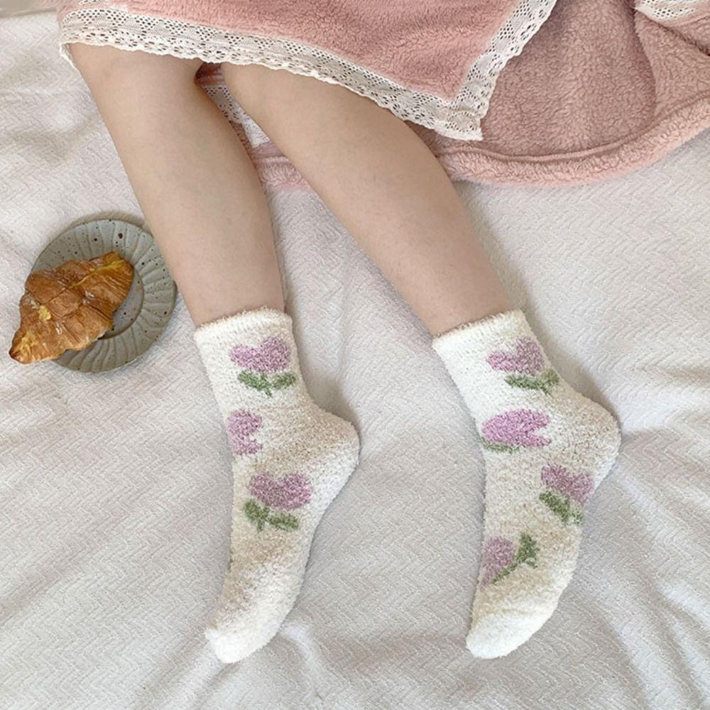 Thickened Floor Plush Socks Flower Strawberry Warm Socks Women Sweet Coral Fleece Socks  Autumn
