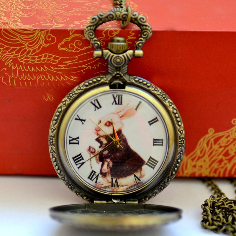 Nostalgic Style Antique Bronze Rabbit Pocket Watch with Fine Chain and Roman Numerals (Large Size, 9014)