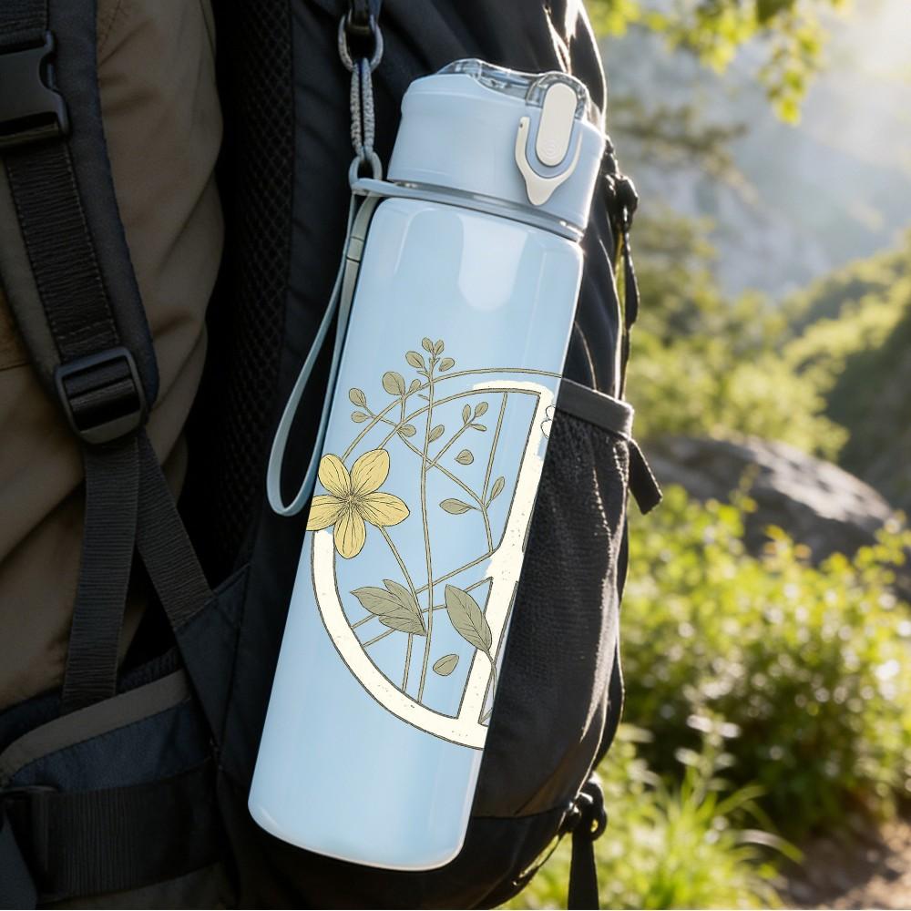 1PC Wreath Wildflower Line Art 750ml Color Plastic Sports Water Bottle Leakproof Flip Straw Lid Suitable for Sports Office Home Use