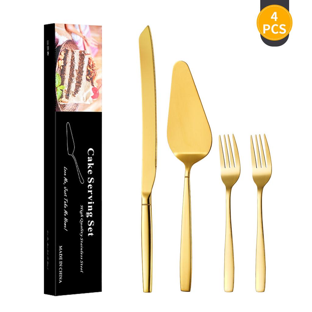 4Pcs Cake Server Cutlery Set Stainless Steel Cake Knife Fork Spatula Set Cheese Knife Pie Pizza Spatula Dessert Fork Flatware