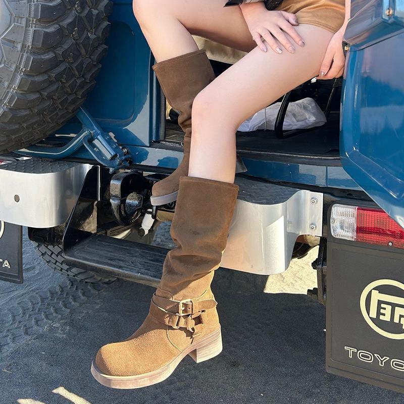 Fashion Women Knee-High Boots Spring Elegant Women Shoes Designer Chunky High Heel Long Booties Suede Party Shoes Western Cowboy Boots