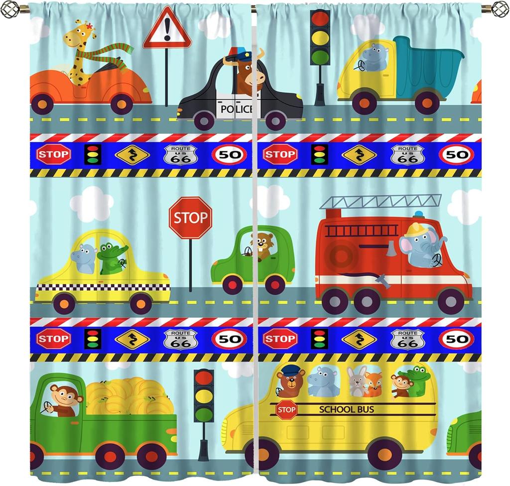 Dinosaur Construction Curtains For Boys,Cartoon Forest Architectural Site Dinosaur Excavator Tractor Truck Window Drapes Print