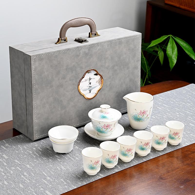Dehua White Porcelain Kung Fu Suet Jade Tea Set Household Cover Bowl Gift Box Full Set of Jade Porcelain Full Set of Gifts
