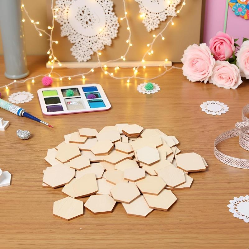 50PCS 4CM Unfinished Wood Hexagon Pieces Wooden Hexagon Cutouts Blank Hexagon Slices Wooden Chips Embellishments for DIY Crafts
