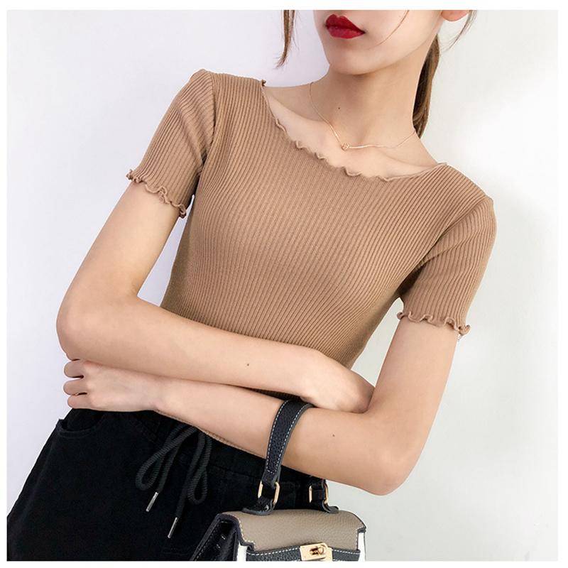 Dámské Léto Pletené Ledové Hedvábné Trička Topy Krátký rukáv Tenký Plísňový Listový Límec Vysoký Pas Jednobarevná Studená