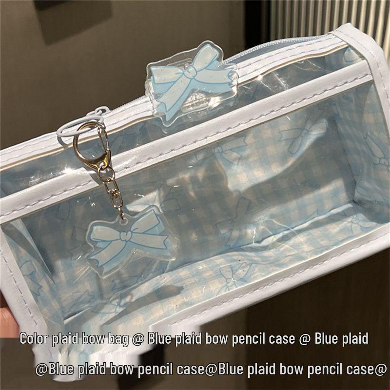Blue Plaid Double-Layer Transparent Pencil Case - Stylish, Spacious, Portable Stationery Storage for Girls