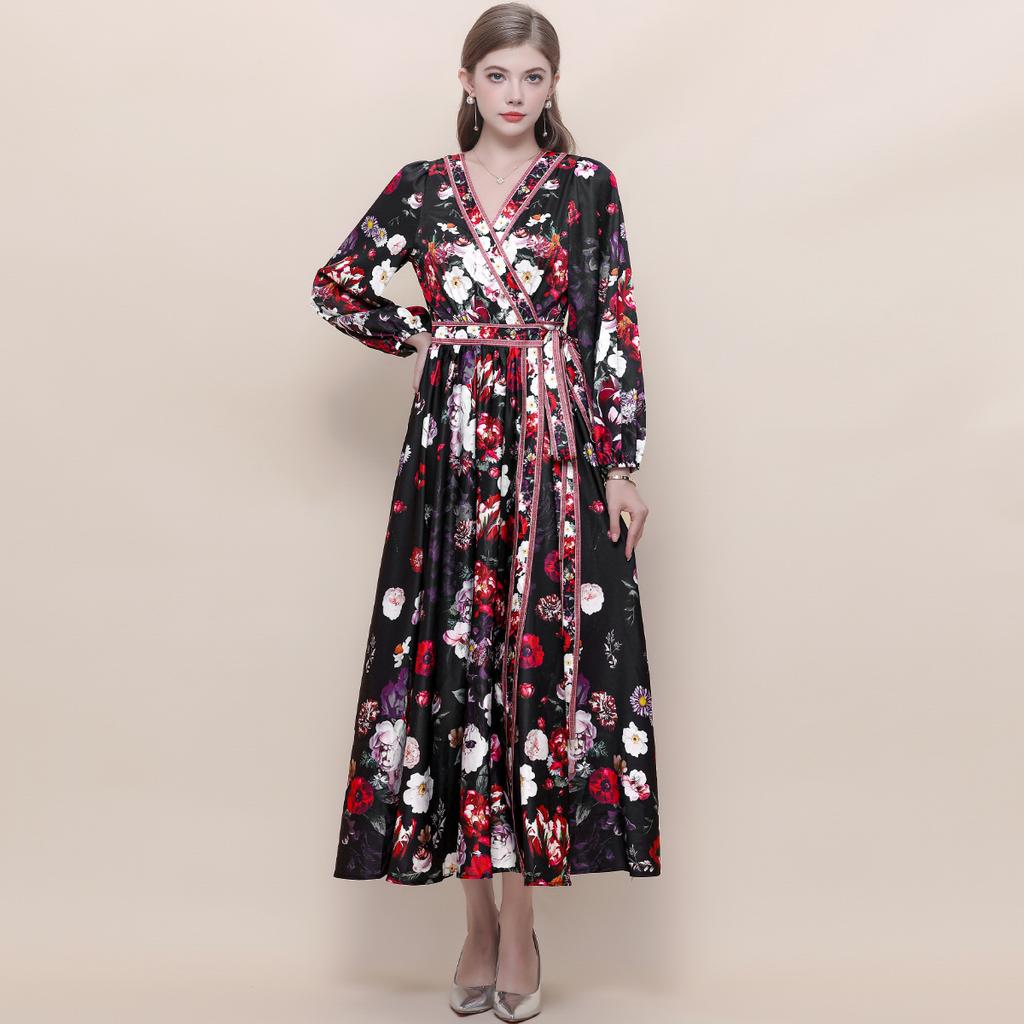 Spring Vintage Floral Maxi Dresses for Women Runway Cross V-Neck Long Lantern Sleeve Sashes Beach Holiday Dress Boho Robe