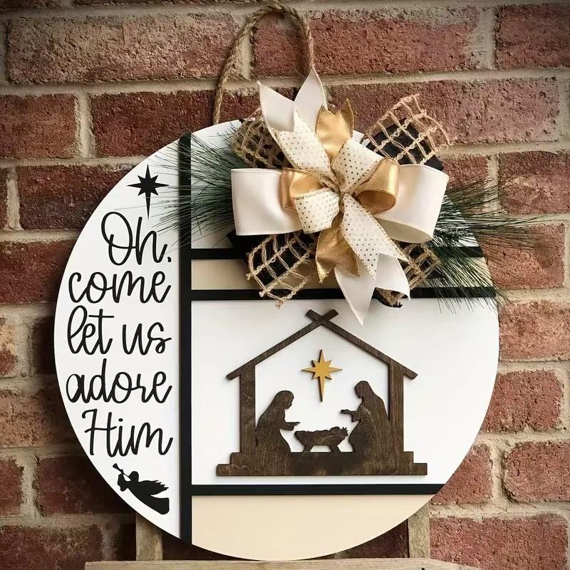 Wooden Christmas Door Sign Decorative Hanging Plaque Holiday Party Front Decoration