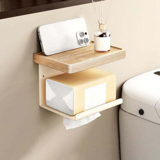 Wall Storage Rack Strong Load-Bearing Wall-Mounted Organizer with Rounded Paper Outlet Smooth Pull-Out Multifunctional Wood Metal Bathroom Shelf