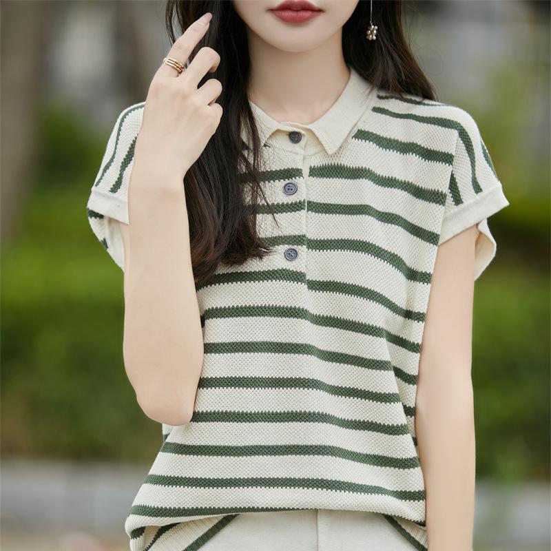 

ПОЛО Воротник Чистый Хлопок Вязаный Короткий рукав Женский Летняя Мода Универсальная Полосатая Футболка Влагоотводящая Базовая Рубашка Топ XXL