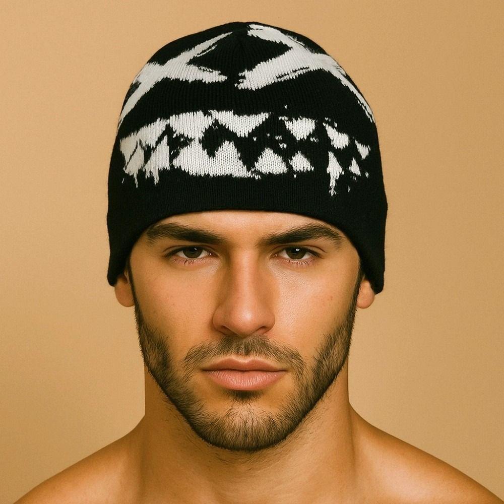 Elastic Y2K Knitted Hat Halloween Black White Pullover Cap Personality Jacquard Woolen Hat  Girls