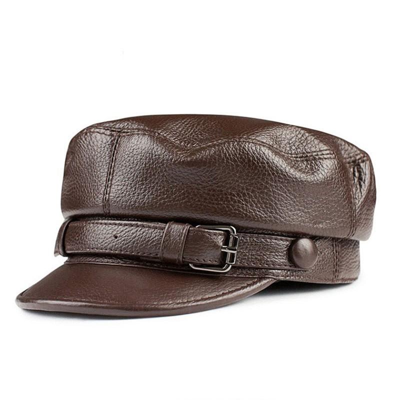 Unisex Flat Top Leather Cap Retro Black Cowboy Beret Short Brim Winter Warm Sun Protection
