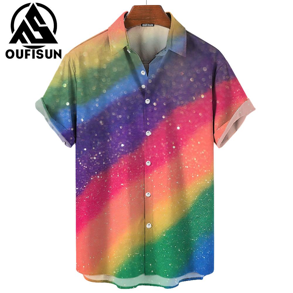 Neue Sommermode Pride Month Party Regenbogendruck Herren Kurzarm Freizeithemd Tops Street Trend Party Übergroßes Hemd S-5XL