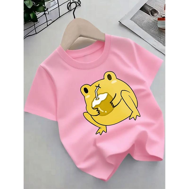 European sizes New Summer Short-Sleeve T-Shirt for Kids Featuring a Cute Cartoon Frog And Coconut Drink Design