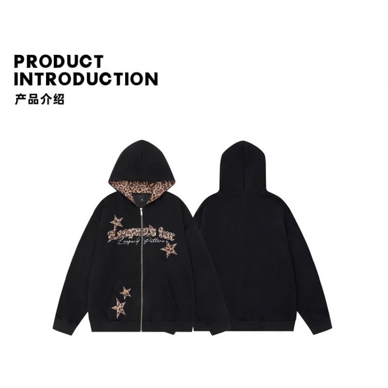 Felpa Unisex Oversize con Cappuccio e Zip con Stampa Leopardata e Design a Stelle Streetwear Casual