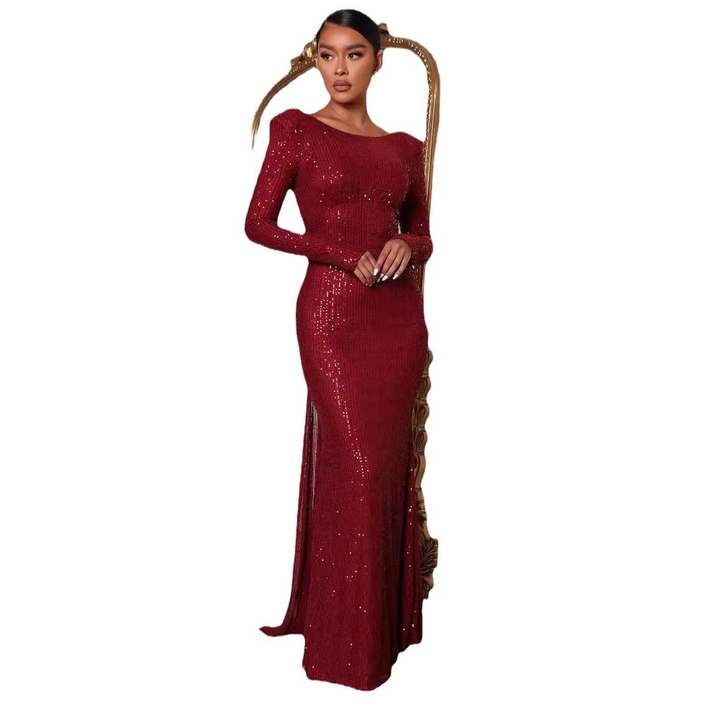 2025 Spring New Women's Clothing Sexy Halter Long Sleeve Slim Split Banquet Dress Long Dress